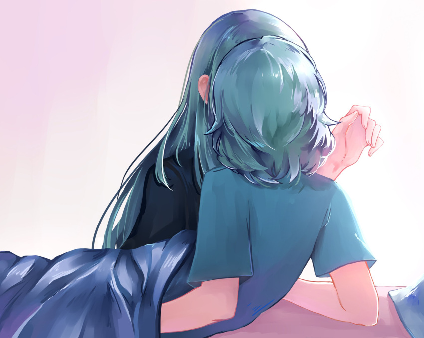 2girls aqua_hair bang_dream! black_shirt blanket blue_shirt commentary from_behind highres hikawa_hina hikawa_sayo implied_kiss incest long_hair medium_hair multiple_girls on_bed pillow shirt siblings simple_background sisters spotlight_l symbol-only_commentary twincest twins white_background yuri