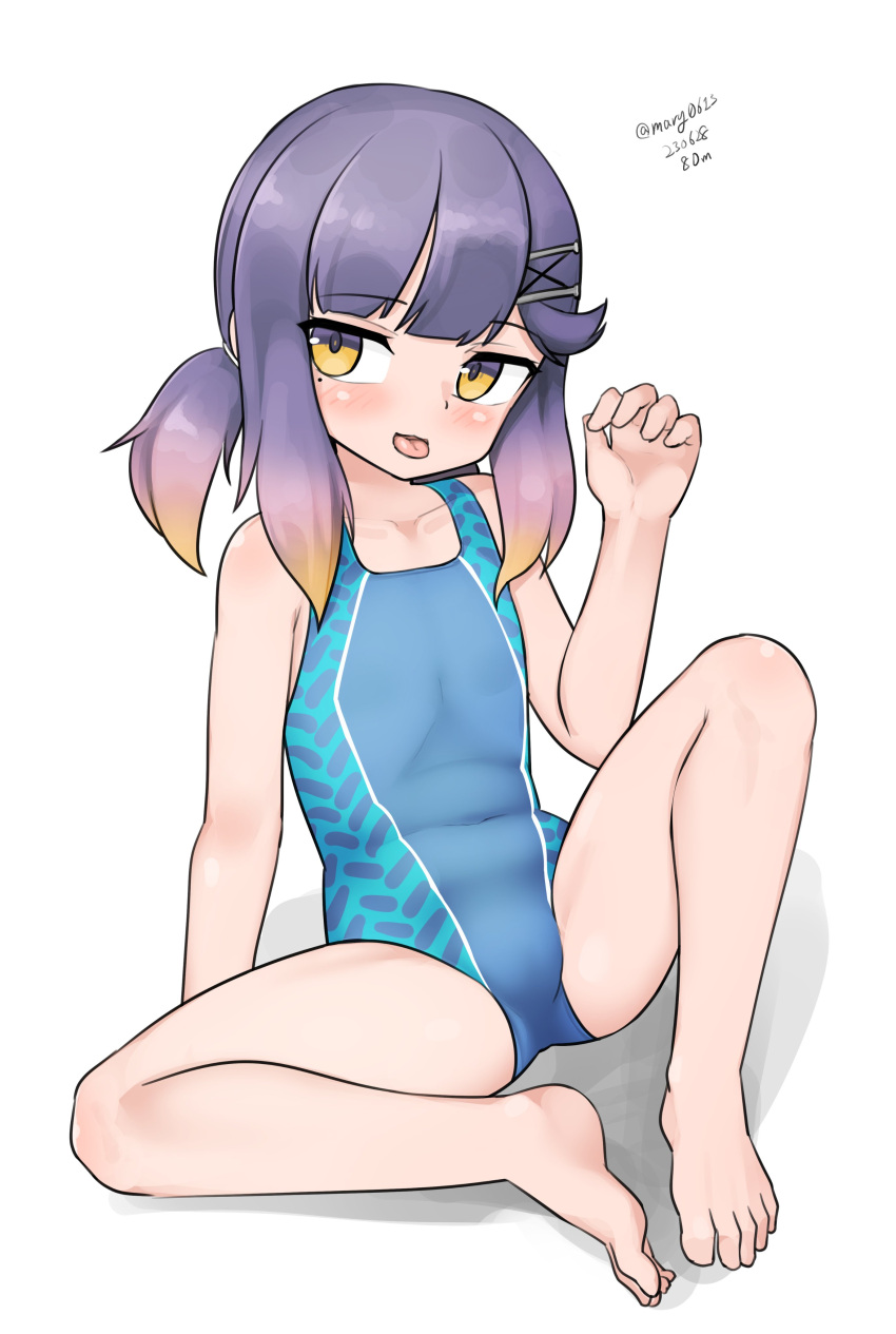 1girl absurdres blue_one-piece_swimsuit competition_swimsuit dated gradient_hair highres kantai_collection long_hair looking_at_viewer maru_(marg0613) multicolored_hair one-piece_swimsuit orange_hair purple_hair sidelocks simple_background solo spread_legs swimsuit tongue tongue_out tsushima_(kancolle) twitter_username two-tone_swimsuit white_background yellow_eyes