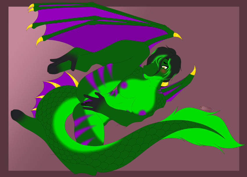 absurd_res anthro areola black_hair blush breasts dragon female fin fingering fingering_self fire flaming_tail flat_colors genitals gold_hair_ornament green_body green_hair green_scales hair hi_res long_tail looking_at_self looking_pleasured lying masturbation nipples on_back penetration purple_areola purple_nipples purple_stripes purple_wings pussy rose_vulcano scales solo stripes tail tail_fin touching_feet touching_pussy vaginal vaginal_fingering vaginal_masturbation vaginal_penetration wings