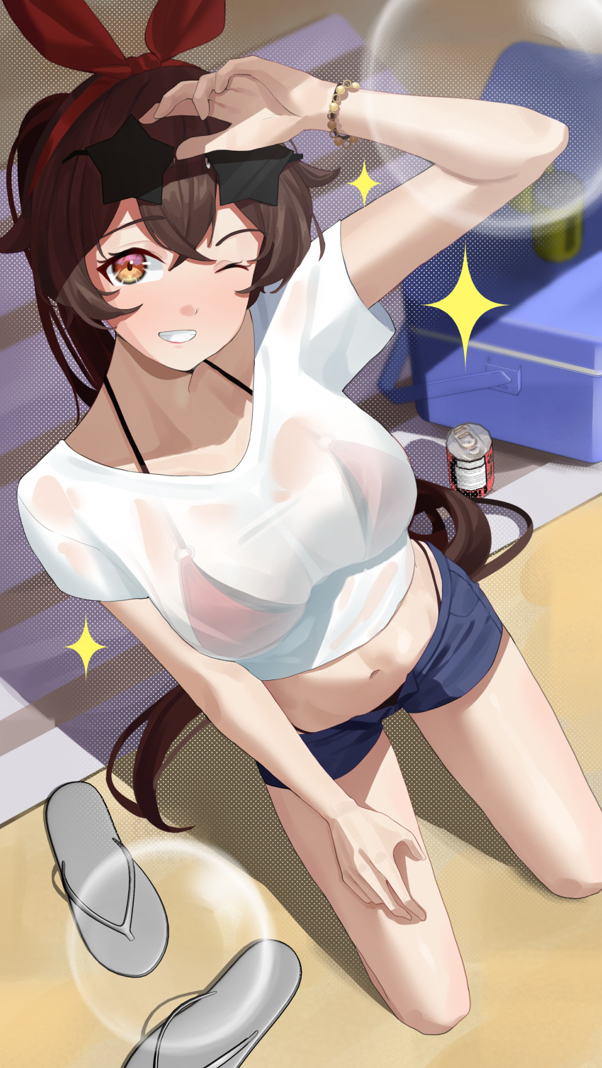 1girl absurdres amber_(genshin_impact) arm_up bangs beach_towel bead_bracelet beads bikini bikini_under_clothes blue_shorts bow bracelet breasts brown_hair can cooler crossed_bangs eyewear_on_head from_above genshin_impact grin haerge hair_bow highres jewelry kneeling looking_at_viewer medium_breasts midriff navel one_eye_closed open_fly red_bikini red_bow revision sand sandals sandals_removed see-through see-through_shirt shirt short_shorts shorts smile solo sparkle star-shaped_eyewear stomach strap_gap sunglasses swimsuit t-shirt teeth thighs towel white_shirt yellow_eyes