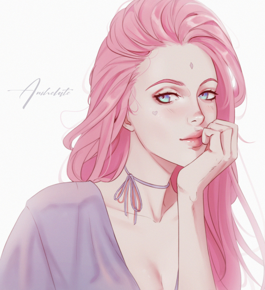 1girl anihelate artist_name blue_eyes breasts choker cleavage commentary facial_mark forehead_mark haruno_sakura head_rest heart highres long_hair naruto_(series) naruto_shippuuden pink_hair pink_lips portrait purple_choker signature small_breasts smile solo symbol-only_commentary