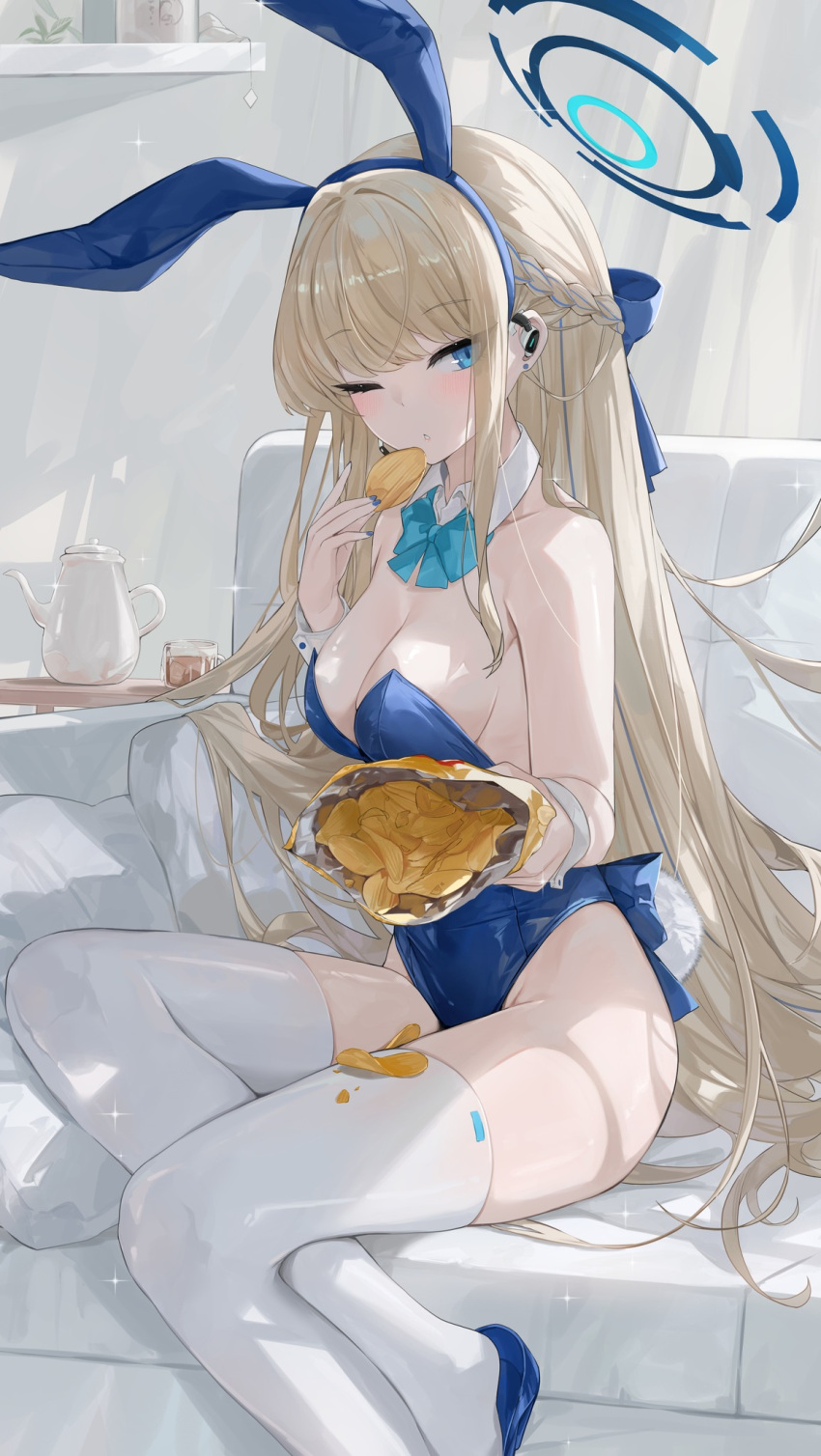 1girl animal_ears bag_of_chips blonde_hair blue_archive blue_bow blue_bowtie blue_eyes blue_footwear blue_hair blue_leotard blush bow bowtie braid breasts cleavage dema_hmw detached_collar fake_animal_ears food halo high_heels highres holding holding_food indoors leotard long_hair medium_breasts multicolored_hair official_alternate_costume one_eye_closed parted_lips rabbit_ears rabbit_tail solo strapless strapless_leotard streaked_hair tail thighhighs toki_(blue_archive) toki_(bunny)_(blue_archive) white_thighhighs