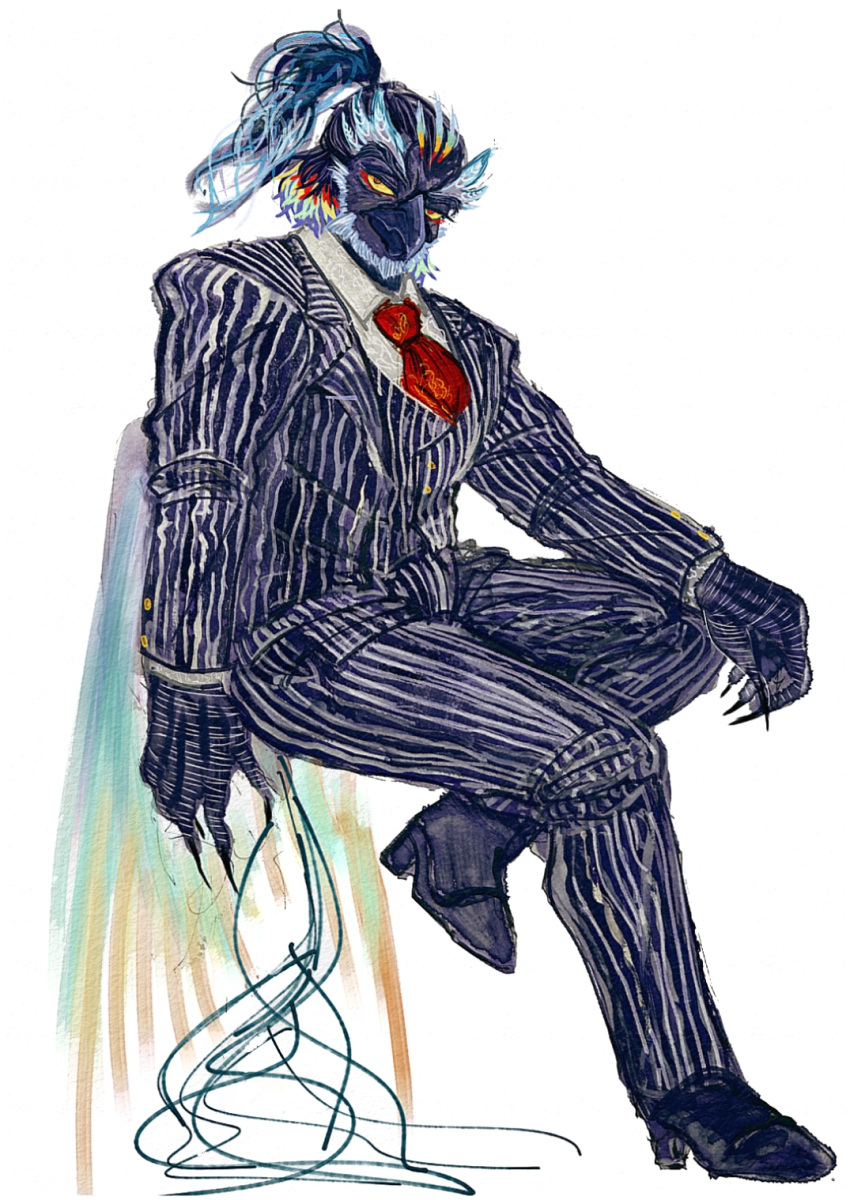 1boy animal_hands bara beak beard bird_boy blue_hair colored_sclera commentary_request dark_blue_hair dress_shirt facial_hair full_body furry furry_male hand_on_own_knee haretoke high_ponytail highres invisible_chair jacket long_hair looking_at_viewer male_focus multicolored_hair necktie pants partial_commentary rainbow_hair red_eyes red_necktie shirt simple_background simurgh_(housamo) sitting solo striped striped_jacket striped_pants striped_suit suit tail thick_eyebrows tokyo_afterschool_summoners vertical-striped_jacket vertical-striped_pants vertical_stripes white_background wings yellow_sclera