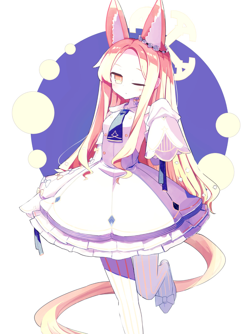 1girl absurdres animal_ears blonde_hair blue_archive fox_ears halo highres long_hair looking_at_viewer neumo_(_neumo_) pantyhose purple_background seia_(blue_archive) solo striped striped_pantyhose vertical-striped_pantyhose vertical_stripes white_background white_pantyhose yellow_eyes