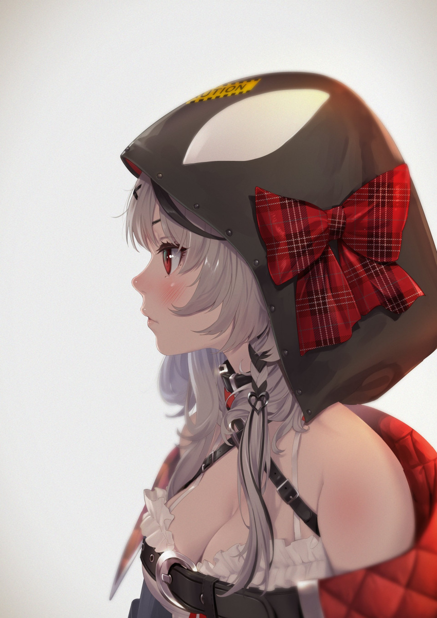 1girl absurdres animal_hood bare_shoulders black_choker black_hair bow breasts camisole choker cleavage closed_mouth commentary detached_hood from_side grey_hair hair_ornament highres hololive hood hood_up large_breasts lips long_hair multicolored_hair off_shoulder orca_hood pale_skin plaid plaid_bow profile red_eyes sakamata_chloe simple_background solo streaked_hair takami_masahiro upper_body virtual_youtuber white_background white_camisole x_hair_ornament