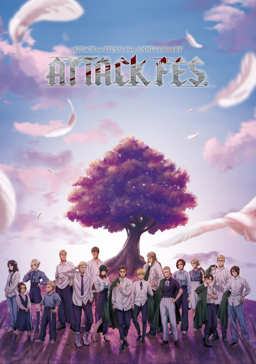 1other 6+boys 6+girls absurdres annie_leonhardt armin_arlert ascot bertolt_hoover bird child christa_renz collared_shirt connie_springer eren_yeager erwin_smith flying foreshortening full_body gabi_braun glasses gradient_sky hand_on_own_head hange_zoe highres jean_kirchstein levi_(shingeki_no_kyojin) loose_clothes loose_shirt merchandise_available mikasa_ackerman multiple_boys multiple_girls necktie official_art pants pieck_finger purple_sky reiner_braun sasha_braus shingeki_no_kyojin shirt shirt_tucked_in sky standing tree under_tree zeke_yeager