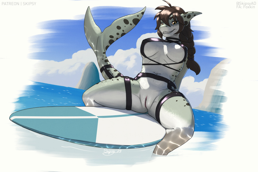 anthro bikini bikini_top bodily_fluids braided_hair brown_hair clothing cloud dripping feet_in_water female fin fish freckles genital_fluids genitals hair hi_res marine mostly_nude pussy shark sitting skipsy sky smile solo spread_legs spreading surfboard swimwear sylvia_shoal tail tail_fin water