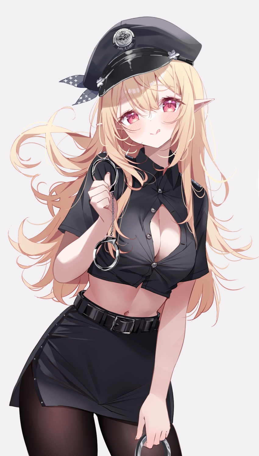 1girl alternate_costume belt blonde_hair breasts cleavage cleavage_cutout clothing_cutout cuffs deyui handcuffs hat highres holding holding_handcuffs licking_lips long_hair midriff miniskirt navel nijisanji nijisanji_en pantyhose pointy_ears police police_hat police_uniform policewoman pomu_rainpuff red_eyes simple_background skirt smile solo tongue tongue_out uniform virtual_youtuber white_background