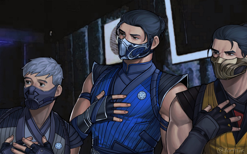 3boys bi-han black_gloves black_hair brothers fingerless_gloves fortsix gloves grey_hair hair_bun hanzo_hasashi highres kuai_liang male_focus mask meme meme_request mortal_kombat_(series) mortal_kombat_1_(2023) mouth_mask multiple_boys muscular muscular_male ninja scorpion_(mortal_kombat) short_hair siblings smoke_(mortal_kombat) sub-zero twitter_username