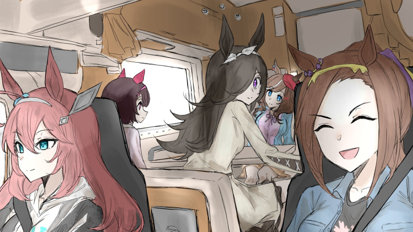 5girls ^_^ animal_ears black_hair black_shirt blue_eyes blue_jacket bob_cut brown_hair cabbie_hat closed_eyes coat commentary driving ear_covers ear_piercing ears_through_headwear grey_hairband hair_between_eyes hair_over_one_eye hairband hat highres horse_ears horse_girl jacket kumiyabe long_hair long_sleeves looking_at_viewer matikane_tannhauser_(umamusume) medium_hair mihono_bourbon_(umamusume) multicolored_hair multiple_girls nishino_flower_(umamusume) parody piercing pink_hair pink_hairband ponytail purple_eyes red_headwear rice_shower_(umamusume) sakura_bakushin_o_(umamusume) scene_reference seatbelt shirt smile streaked_hair umamusume vehicle_interior white_coat white_hair white_hairband