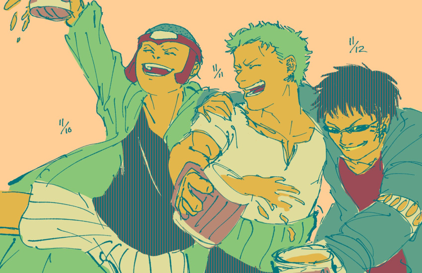 3boys bald black_hair closed_eyes earrings green_hair highres hug hug_from_behind jewelry johnny_(one_piece) multiple_boys one_piece open_mouth rocketspurs roronoa_zoro short_hair smile sunglasses tattoo yosaku_(one_piece)