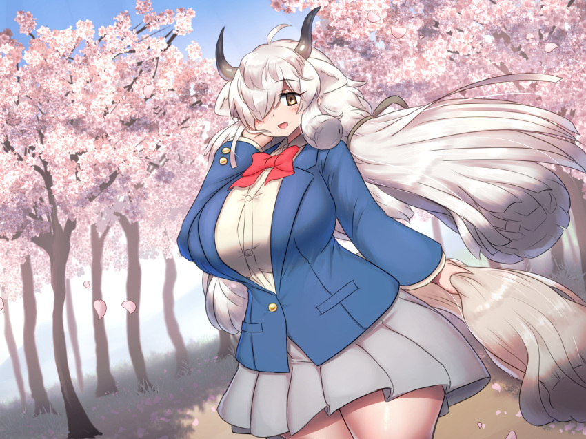 2_horns :d big_breasts blush bottomwear breasts brown_eyes cherry_blossom clothed clothing female hair hair_over_eye hi_res horn humanoid kemono_friends long_hair mo23 one_eye_obstructed open_mouth plant ribbons school_uniform skirt smile solo tree uniform white_hair yak_(kemono_friends) yak_humanoid