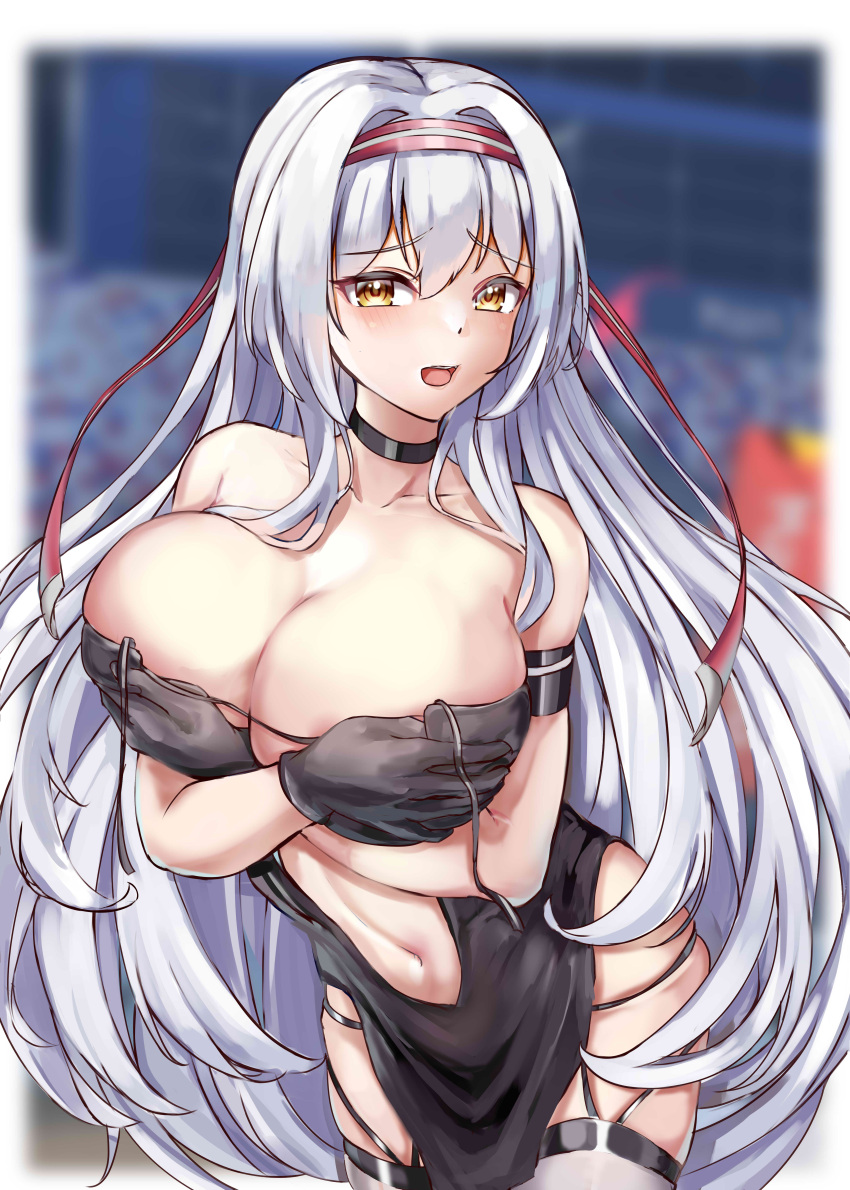 1girl absurdres azur_lane breasts choker cleavage cosplay covering covering_breasts dress hairband highres historical_name_connection kanesada_dp kantai_collection large_breasts name_connection official_alternate_costume race_queen racetrack shoukaku_(azur_lane) shoukaku_(azur_lane)_(cosplay) shoukaku_(kancolle) shoukaku_(sororal_wings)_(azur_lane) thighhighs