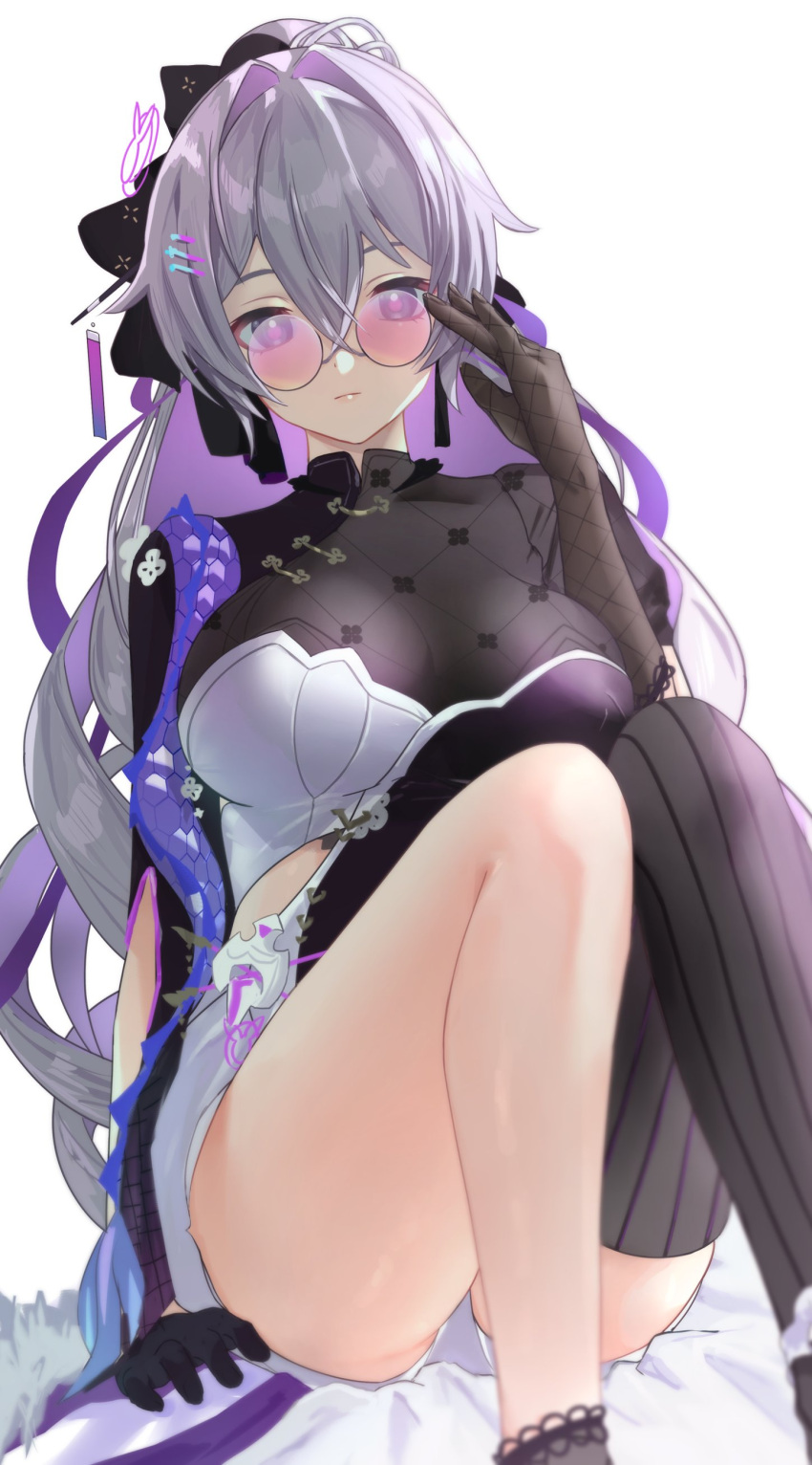 1girl absurdres arin_(1010_ssu) arm_support asymmetrical_gloves black_gloves black_thighhighs breasts bronya_zaychik bronya_zaychik_(silverwing:_n-ex) character_request closed_mouth commentary_request elbow_gloves feet_out_of_frame glasses gloves grey_hair hair_between_eyes hair_intakes hand_up highres honkai_(series) honkai_impact_3rd large_breasts long_hair looking_at_viewer mismatched_gloves pink-tinted_eyewear ponytail purple_eyes purple_hair round_eyewear short_shorts shorts simple_background single_thighhigh solo striped striped_thighhighs thighhighs tinted_eyewear vertical-striped_thighhighs vertical_stripes very_long_hair white_background white_shorts