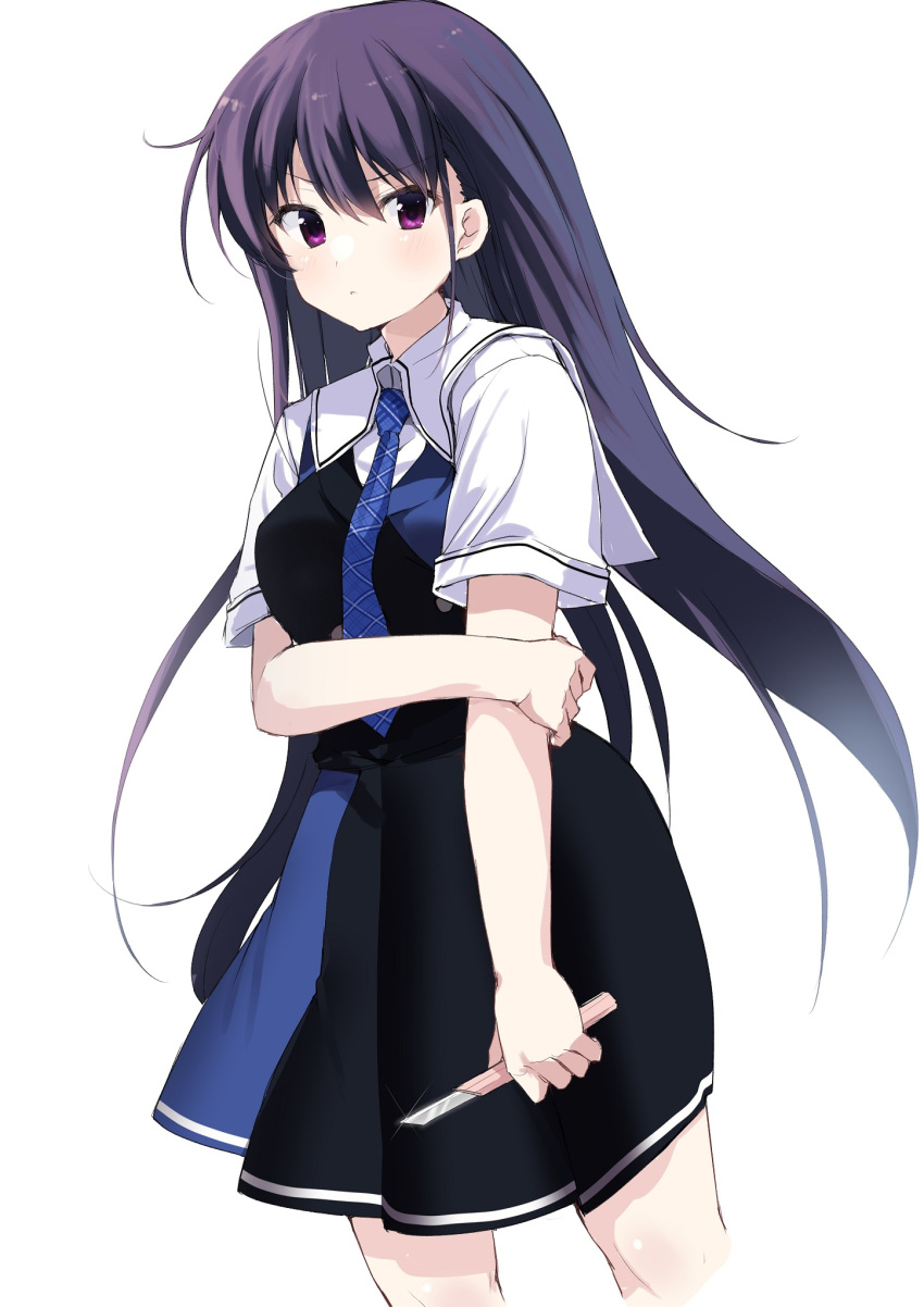 &gt;:( 1girl angry arm_at_side black_dress black_hair blue_necktie blush closed_mouth commentary cowboy_shot dress frown glint grabbing_own_arm grisaia_(series) grisaia_no_kajitsu hair_between_eyes highres holding holding_knife knife long_hair looking_at_viewer necktie purple_eyes sakaki_yumiko school_uniform shirt short_dress short_sleeves simple_background solo standing straight_hair takepoison v-shaped_eyebrows very_long_hair white_background white_shirt
