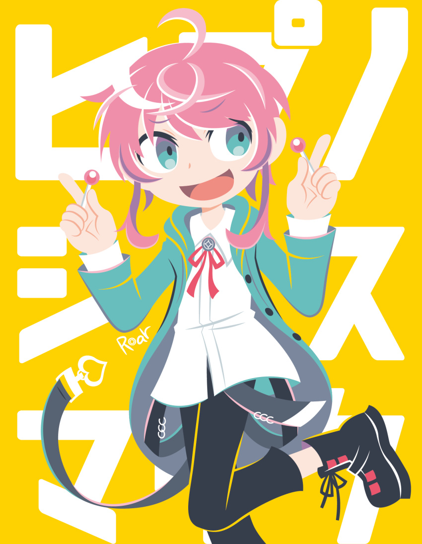 1boy amemura_ramuda belt black_footwear black_pants candy collared_shirt flat_color food green_jacket highres holding holding_candy holding_food holding_lollipop hotate_oishii hypnosis_mic index_finger_raised jacket lollipop long_sleeves male_focus pants red_ribbon ribbon shirt sidelocks translation_request white_shirt yellow_background