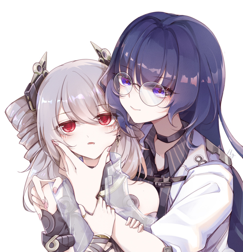 2girls absurdres bare_shoulders black_necktie black_shirt blue_hair closed_mouth collared_shirt drill_hair glasses grey_hair hair_between_eyes headgear highres honkai_(series) honkai_impact_3rd jacket long_hair mei_(honkai_impact) multiple_girls nail_polish necktie parted_lips pink_nails prometheus_(honkai_impact) purple_eyes red_hair round_eyewear see-through shirt shuiyinzijun simple_background smile striped striped_shirt twin_drills twintails upper_body vertical-striped_shirt vertical_stripes very_long_hair white_background white_jacket