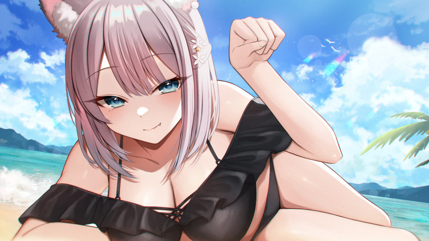1girl animal animal_ear_fluff animal_ears arm_up bare_shoulders bikini bird black_bikini blue_eyes blue_sky blush breasts brown_hair cleavage closed_mouth cloud collarbone commentary_request day fang fang_out flower hair_flower hair_ornament highres hoshimiya_aki indie_virtual_youtuber large_breasts looking_at_viewer lying mitsuki_momo official_art on_side outdoors palm_tree paw_pose sky smile solo swimsuit tree virtual_youtuber water white_flower