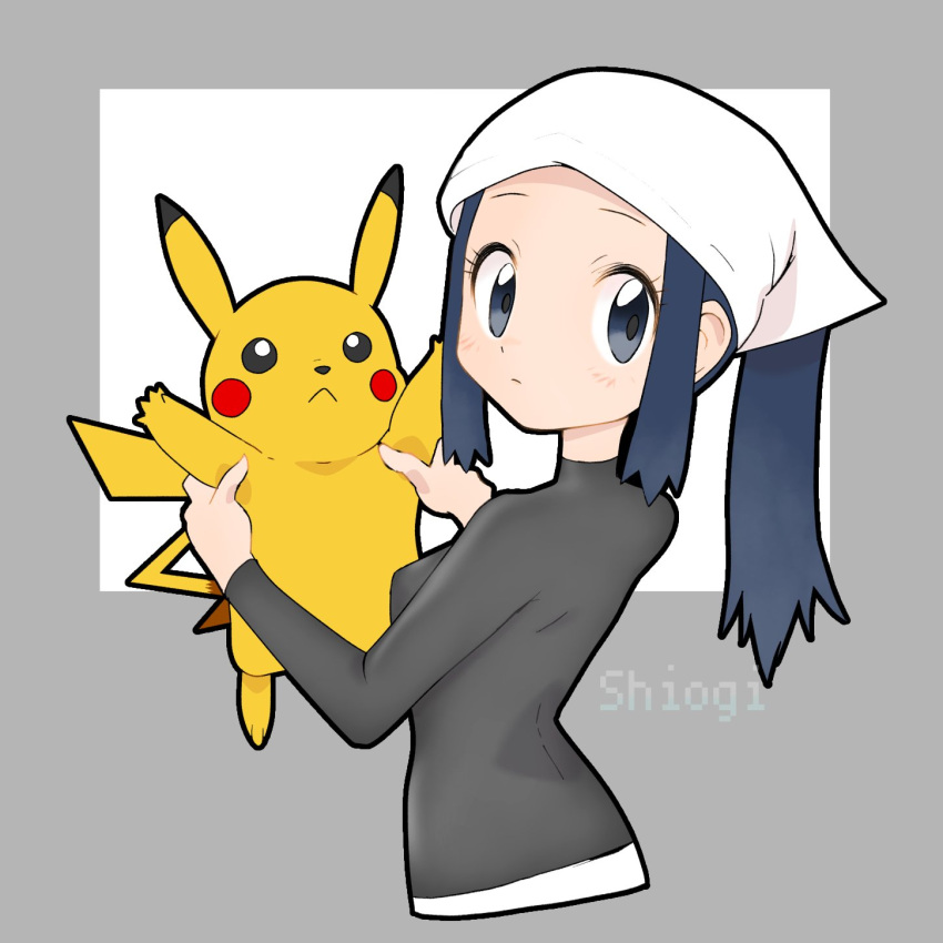 1girl akari_(pokemon) artist_name black_hair blush breasts closed_mouth commentary eyelashes grey_eyes grey_shirt hands_up head_scarf highres long_sleeves looking_at_viewer pikachu pokemon pokemon_(creature) pokemon_(game) pokemon_legends:_arceus ponytail shiogi_(riza_49) shirt sidelocks symbol-only_commentary white_headwear