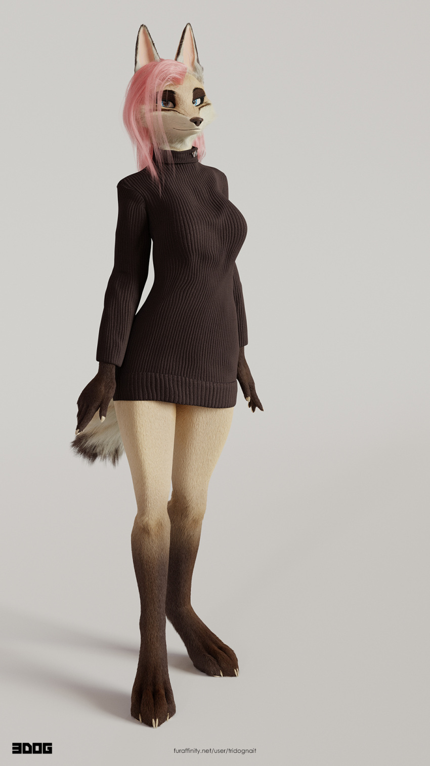 3d_(artwork) anthro blender_(software) blender_cycles canid canine canis claws clothed clothing digital_media_(artwork) english_text female fox fur hair hi_res impreza looking_at_viewer mammal multicolored_body outside pink_hair simple_background solo tan_body tan_fur text tridognait