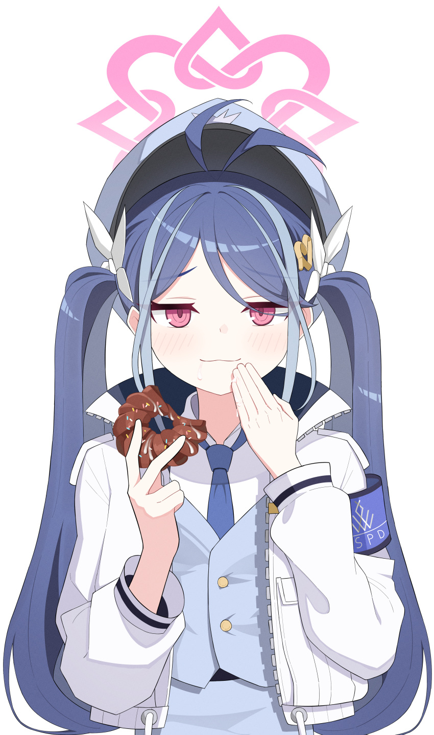 1girl absurdres antenna_hair blue_archive blue_hair blue_necktie blush closed_mouth doughnut food fubuki_(blue_archive) grey_hair halo highres holding holding_food jacket long_hair long_sleeves looking_at_viewer multicolored_hair necktie nord_(expc4752) open_clothes open_jacket pink_halo red_eyes simple_background solo streaked_hair suggestive_fluid twintails upper_body white_background white_jacket