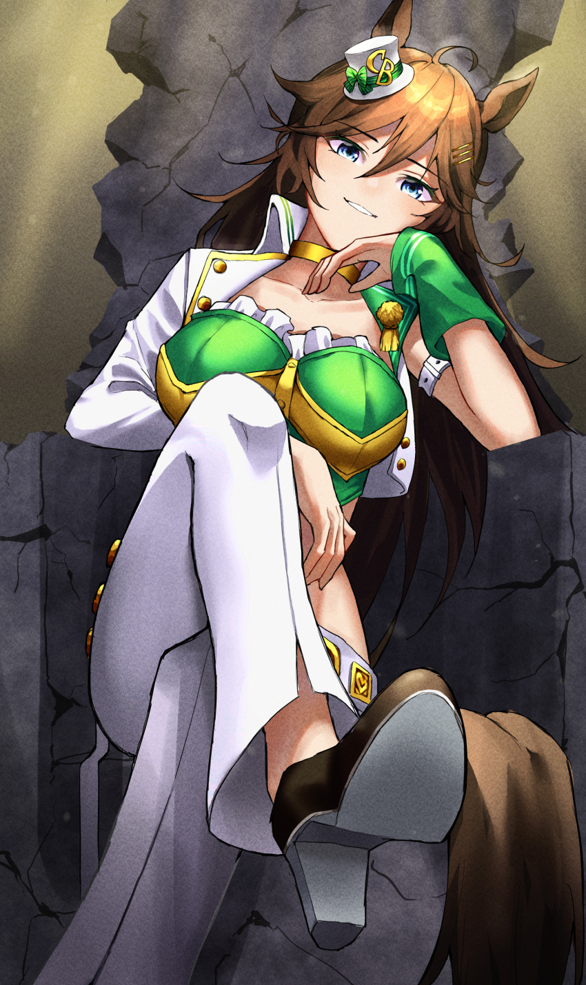 1girl absurdres ahoge animal_ears arm_strap bangs blue_eyes bow breasts brown_hair choker commentary crop_top cropped_jacket foot_out_of_frame green_bow green_shirt grin hair_between_eyes hand_up hat hat_bow high_heels highres horse_ears jacket large_breasts long_hair long_sleeves looking_at_viewer midriff mini_hat mini_top_hat mr._c.b._(umamusume) open_clothes open_jacket pants pechino shirt single_bare_shoulder single_sleeve smile solo strapless strapless_shirt top_hat umamusume very_long_hair white_headwear white_pants wrist_cuffs yellow_choker