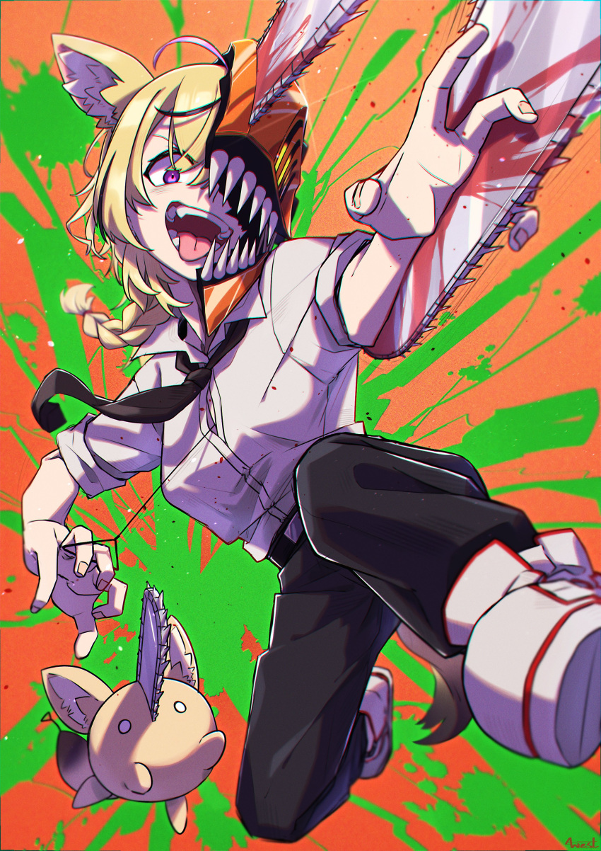 1girl absurdres ahoge alternate_costume animal_ear_fluff animal_ears black_hair black_necktie black_pants blonde_hair blood blood_on_weapon braid chainsaw chainsaw_man collared_shirt cosplay denji_(chainsaw_man) denji_(chainsaw_man)_(cosplay) dress_shirt feet_out_of_frame fox_ears fox_girl fox_tail green_blood highres hololive looking_at_viewer medium_hair midair multicolored_hair necktie o_o omaru_polka open_mouth pants pink_hair pochita_(chainsaw_man) pochita_(chainsaw_man)_(cosplay) pull_cord purple_eyes sharp_teeth shirt shoes side_braid simple_background smile solo streaked_hair stylized_blood tail teeth tongue virtual_youtuber weapon westlee_ar white_footwear white_shirt zain_(omaru_polka)