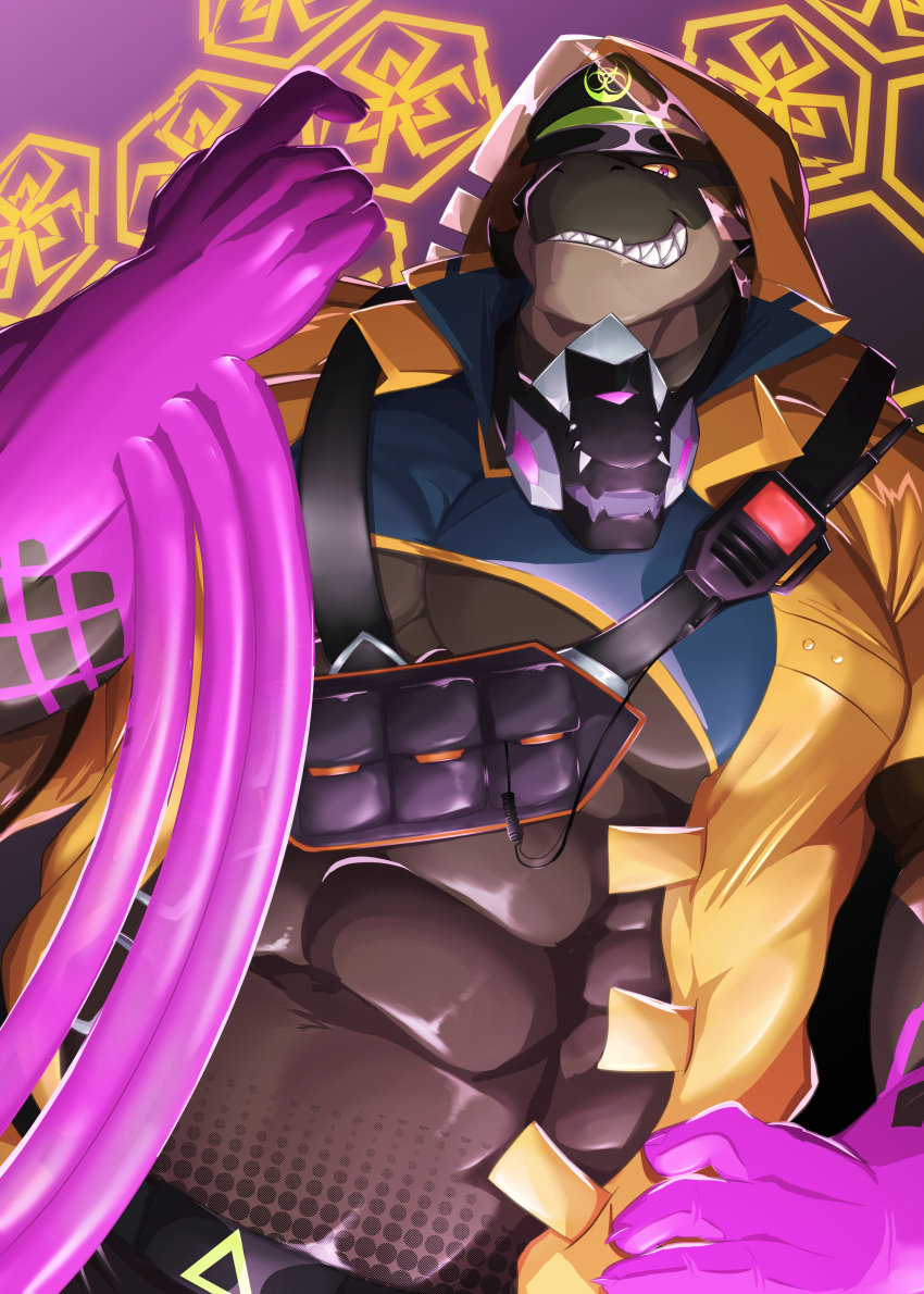5_fingers abs absurd_res anthro clothing fingers gas_mask grin hastur_(tas) hat headgear headwear hi_res jacket lifewonders looking_at_viewer male mask muscular muscular_male pecs radiation_symbol scalie smile solo symbol teeth tight_clothing tokyo_afterschool_summoners topwear toranoyouhei