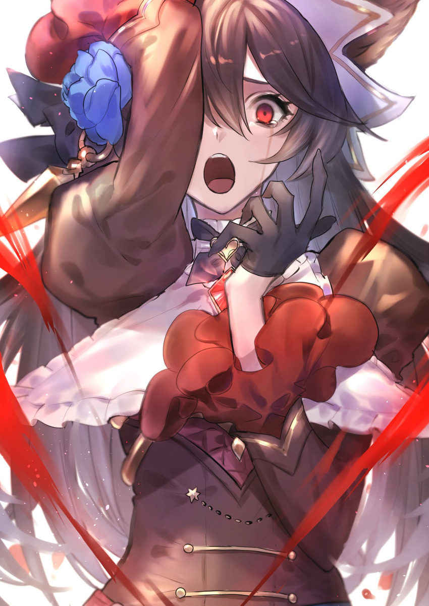 1girl arm_up black_hair blue_flower blue_rose bonnet brown_hair crying crying_with_eyes_open dress erune flower frilled_sleeves frills granblue_fantasy hair_flower hair_ornament hand_up highres juliet_sleeves long_sleeves nier_(granblue_fantasy) nier_(tormented_lover)_(granblue_fantasy) official_alternate_costume one_eye_covered open_mouth puffy_sleeves rose solo suzu_(suzuame329) tears