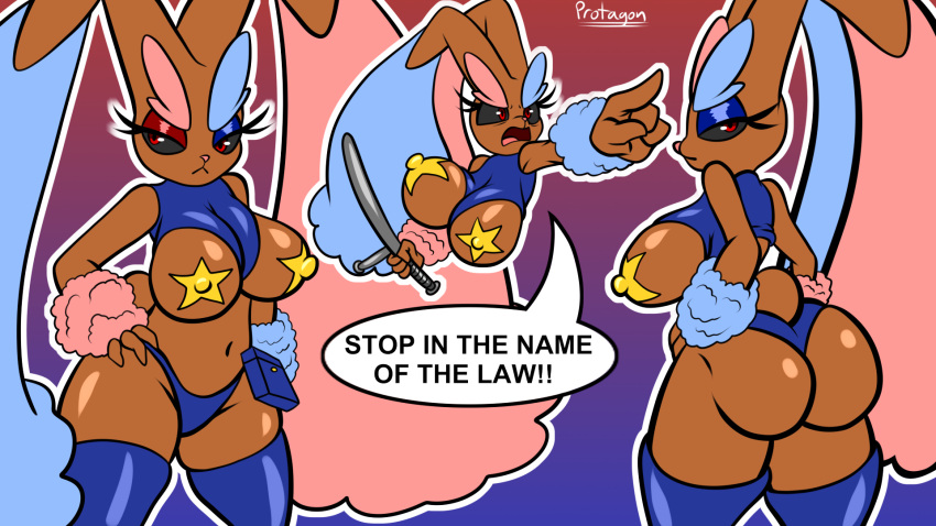 anthro big_breasts big_butt breasts brown_body butt female generation_4_pokemon hi_res holding_melee_weapon law-punny lopunny nintendo nipple_outline pasties pokemon pokemon_(species) protagon