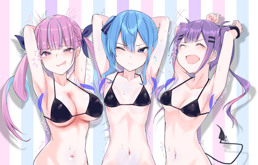 3girls absurdres arms_up bikini black_bikini blue_eyes blue_hair breasts demon_tail e-wing_(ewingillustrate) highres hololive hoshimachi_suisei large_breasts medium_breasts minato_aqua multicolored_hair multiple_girls navel navel_piercing one_eye_closed piercing pink_hair purple_eyes purple_hair side_ponytail small_breasts startend_(hololive) stomach streaked_hair struggling swimsuit tail tears tokoyami_towa twintails virtual_youtuber