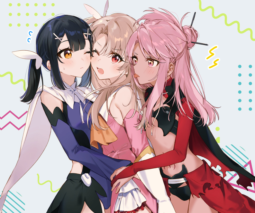 3girls black_hair blush brown_eyes chloe_von_einzbern clothed_female_nude_male commentary dark-skinned_female dark_skin dress_shirt fate/kaleid_liner_prisma_illya fate_(series) gloves group_hug hair_ornament hairclip highres hug hug_from_behind illyasviel_von_einzbern licking licking_another's_face light_brown_hair magical_girl medium_hair miyu_edelfelt multiple_girls nude pink_eyes pink_hair prisma_illya red_eyes rizu033 shirt symbol-only_commentary twintails waist_cape waist_hug white_gloves x_hair_ornament