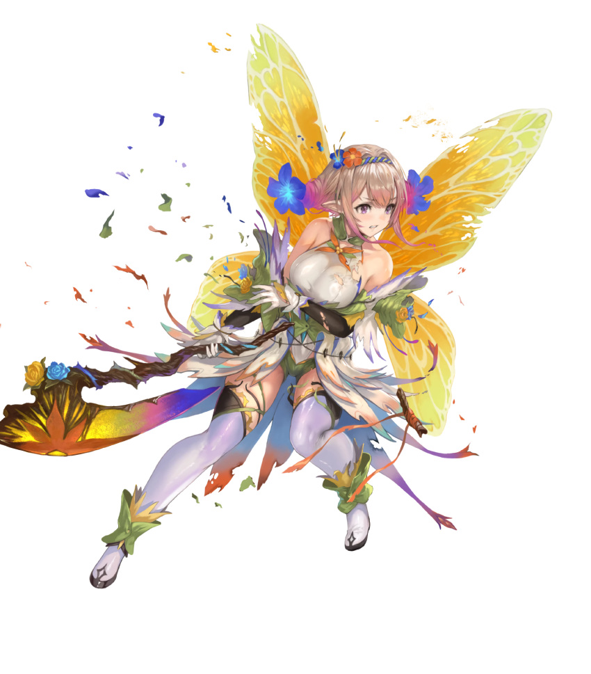 1girl attack axe boots breasts butterfly_wings clenched_teeth damaged detached_sleeves dress fairy fairy_wings fire_emblem fire_emblem_heroes flower hair_flower hair_ornament highres holding holding_axe knee_up medium_breasts non-web_source official_alternate_costume official_art open_mouth peony_(cherished_dream)_(fire_emblem) peony_(fire_emblem) plant_hair sideboob skindentation solo teeth thigh_boots thighhighs thighs torn_clothes torn_wings upper_teeth_only v-shaped_eyebrows white_thighhighs wings yellow_dress