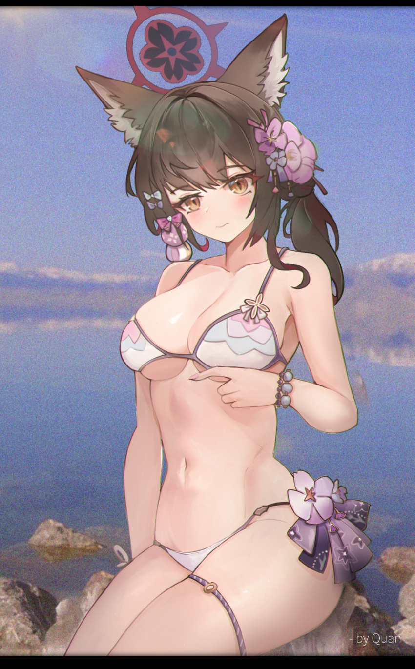 1girl animal_ear_fluff animal_ears bead_bracelet beads bikini black_hair blue_archive blush bracelet breasts cleavage commentary flower fox_ears fox_girl fox_mask fox_tail hair_flower hair_ornament halo highres jewelry large_breasts looking_at_viewer mask oil-paper_umbrella quanquan seaside string_bikini swimsuit symbol-only_commentary tail tail_flower tail_ornament thigh_strap umbrella wakamo_(blue_archive) wakamo_(swimsuit)_(blue_archive) white_bikini yellow_eyes