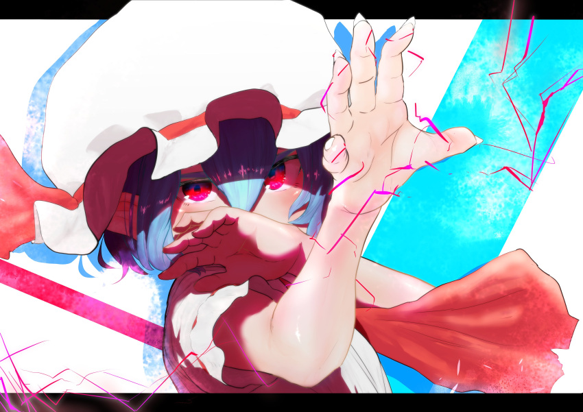 1girl absurdres ascot blue_hair commentary_request fingernails hair_between_eyes hand_up hat highres letterboxed long_bangs looking_at_viewer mob_cap red_ascot red_eyes red_lightning remilia_scarlet shirt short_hair short_sleeves solo sotatsudraw touhou upper_body white_headwear white_shirt