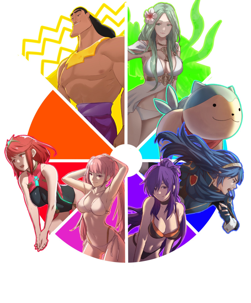1boy 5girls absurdres animal armpits arms_up bare_shoulders bikini blue_dress blue_hair breasts cleavage color_wheel_challenge commentary dress english_commentary fire_emblem fire_emblem:_three_houses fire_emblem_engage fire_emblem_warriors:_three_hopes flower green_eyes green_hair hair_flower hair_ornament highres hilda_valentine_goneril kronk large_breasts long_hair lucina_(fire_emblem) multiple_girls navel pink_hair pomelomelon purple_eyes purple_hair pyra_(xenoblade) rhea_(fire_emblem) rhea_(summer)_(fire_emblem) shez_(female)_(fire_emblem) shez_(fire_emblem) simple_background sommie_(fire_emblem) stomach swimsuit the_emperor's_new_groove tiara topless_male twintails white_background white_bikini white_flower xenoblade_chronicles_(series) xenoblade_chronicles_2