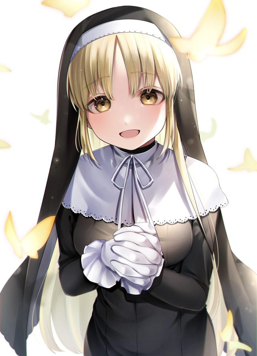 1girl absurdres black_dress black_veil blonde_hair brown_eyes capelet dress gloves habit high_collar highres interlocked_fingers light_blush long_dress long_hair long_sleeves looking_at_viewer nanasino_yuri neck_ribbon nijisanji nun open_mouth own_hands_clasped own_hands_together ribbon sister_cleaire sister_cleaire_(1st_costume) smile solo straight_hair traditional_nun veil very_long_hair virtual_youtuber white_background white_capelet white_gloves