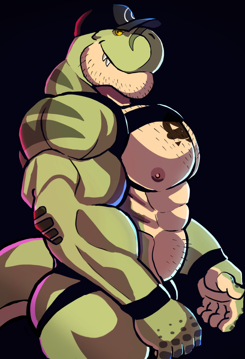 abs absurd_res anthro biceps body_hair butt claws clothing darknaigart dinosaur green_body hat headgear headwear hi_res jace_(darknaig) looking_at_viewer male muscular muscular_anthro muscular_male nipples pecs reptile scalie shaved side_view smile solo tattoo teeth theropod tyrannosaurid tyrannosaurus tyrannosaurus_rex yellow_eyes