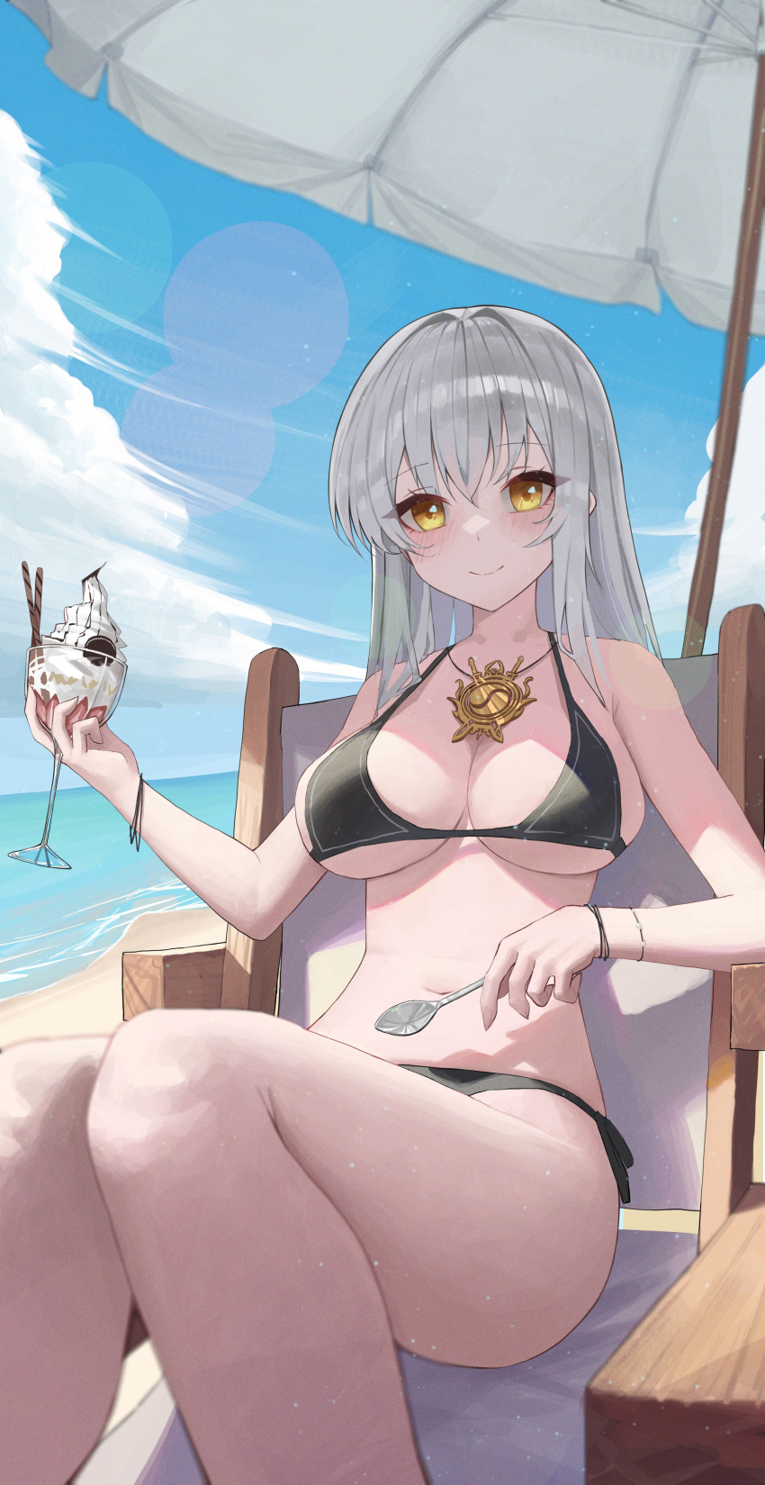 1girl absurdres bare_arms bare_legs bare_shoulders beach_umbrella bikini black_bikini breasts chair cleavage closed_mouth commentary_request commission cup day drinking_glass feet_out_of_frame food halterneck highres holding holding_cup hwan_(verypoor) ice_cream jewelry korean_commentary large_breasts long_hair looking_at_viewer navel necklace original outdoors second-party_source side-tie_bikini_bottom smile solo spoon stomach strap_gap string_bikini swimsuit thighs umbrella white_hair yellow_eyes yin_yang