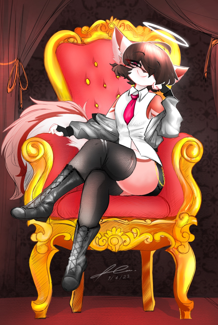 anthro ashley_cherringham_(artist) ashley_cherringham_(character) boots bottomwear brown_hair canid canine chair clothed clothing crossed_legs footwear fox furniture girly hair halo hi_res jacket legwear looking_at_viewer male mammal multicolored_body pink_eyes short_jeans simple_background sitting smile smiling_at_viewer smug solo stockings tail throne topwear