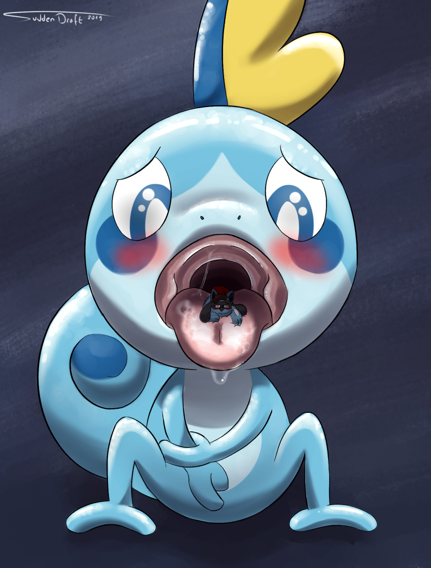 2019 ambiguous_gender blush duo gaping_mouth generation_4_pokemon generation_8_pokemon hi_res macro micro nintendo on_tongue open_mouth pokemon pokemon_(species) riolu rudi_(toondude10) simple_background sobble suddendraft vore