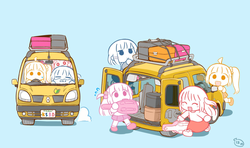 4girls aqua_background blob bocchi_the_rock! car chibi closed_eyes driving gotoh_hitori guitar_case hanomido highres ijichi_nijika instrument_case kita_ikuyo license_plate motor_vehicle multiple_girls renault renault_kangoo shoshinsha_mark signature sweatdrop tagme yamada_ryo