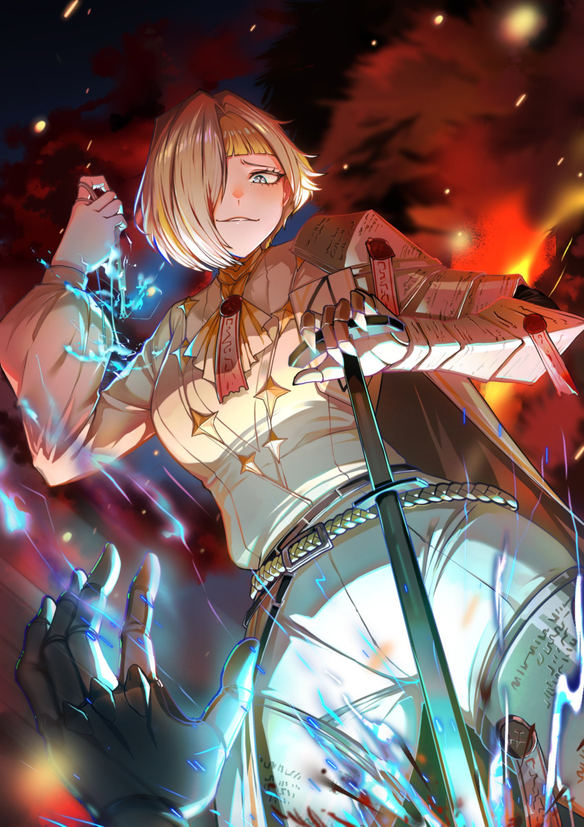 1girl 1other absurdres armor ascot asdf_(rokiru08) belt blonde_hair blunt_bangs burning cable cape electricity fire from_below gauntlets grey_eyes hair_over_one_eye highres holding holding_cable holding_weapon implied_murder kromer_(limbus_company) light_smile limbus_company long_bangs multicolored_hair nail one_eye_covered pants parted_lips pov pov_hands project_moon shirt short_hair single_gauntlet single_hair_intake smoke solo_focus standing teeth two-tone_hair uniform wax_seal weapon white_ascot white_hair white_pants white_shirt yellow_belt