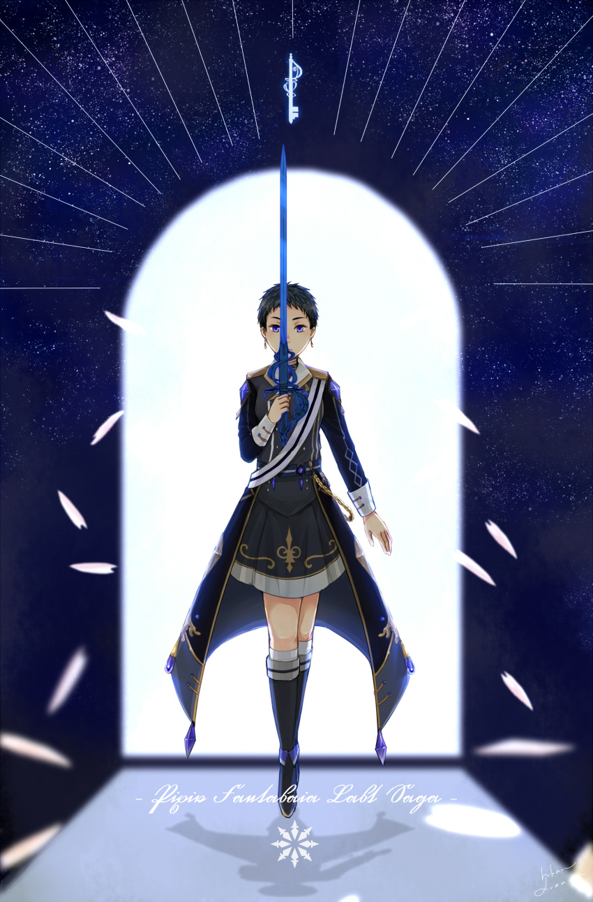 1girl absurdres black_hair blue_eyes blurry chain doorway full_body highres hikaru_dream holding holding_sword holding_weapon kneehighs long_sleeves looking_at_viewer petals pixiv_fantasia pixiv_fantasia_last_saga shadow shione_nem short_hair sky socks solo standing star_(sky) starry_sky sword tiptoes uniform weapon