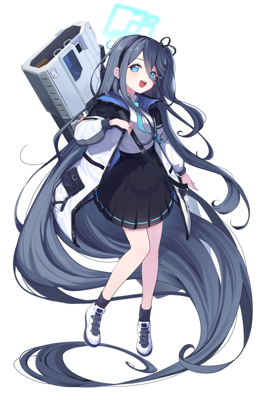 1girl :d absurdly_long_hair absurdres aris_(blue_archive) black_hair black_jacket black_skirt black_socks blue_archive blue_eyes blue_halo blue_necktie blush collared_jacket collared_shirt cross-laced_footwear from_side gyool hair_between_eyes hair_ribbon halo high-waist_skirt highres jacket knees_together_feet_apart long_hair long_sleeves looking_at_viewer multicolored_clothes multicolored_jacket necktie one_side_up open_clothes open_jacket open_mouth pleated_skirt railgun ribbon school_uniform shirt shirt_tucked_in shoes sidelocks simple_background skirt smile sneakers socks solo straight_hair teeth two-tone_jacket upper_teeth_only very_long_hair weapon weapon_on_back white_background white_footwear white_jacket white_shirt