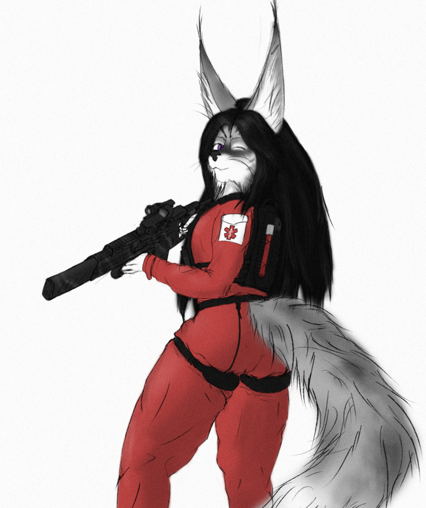 anthro clothing felid feline female fur grey_body grey_fur gun hair hi_res kriss_vector long_hair long_tail lynx mammal military military_uniform pequod_vl purple_eyes ranged_weapon solo submachine_gun tactical tail uniform weapon