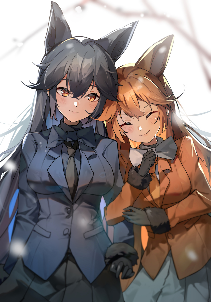 2girls absurdres animal_ears black_gloves black_hair black_necktie black_skirt blazer blue_jacket breasts closed_eyes closed_mouth ezo_red_fox_(kemono_friends) fox_ears fox_girl gloves grey_skirt hair_flaps highres holding_another's_arm jacket kemono_friends large_breasts long_hair multiple_girls necktie orange_hair orange_jacket orange_necktie outdoors sakanafish siblings silver_fox_(kemono_friends) sisters skirt smile snowing