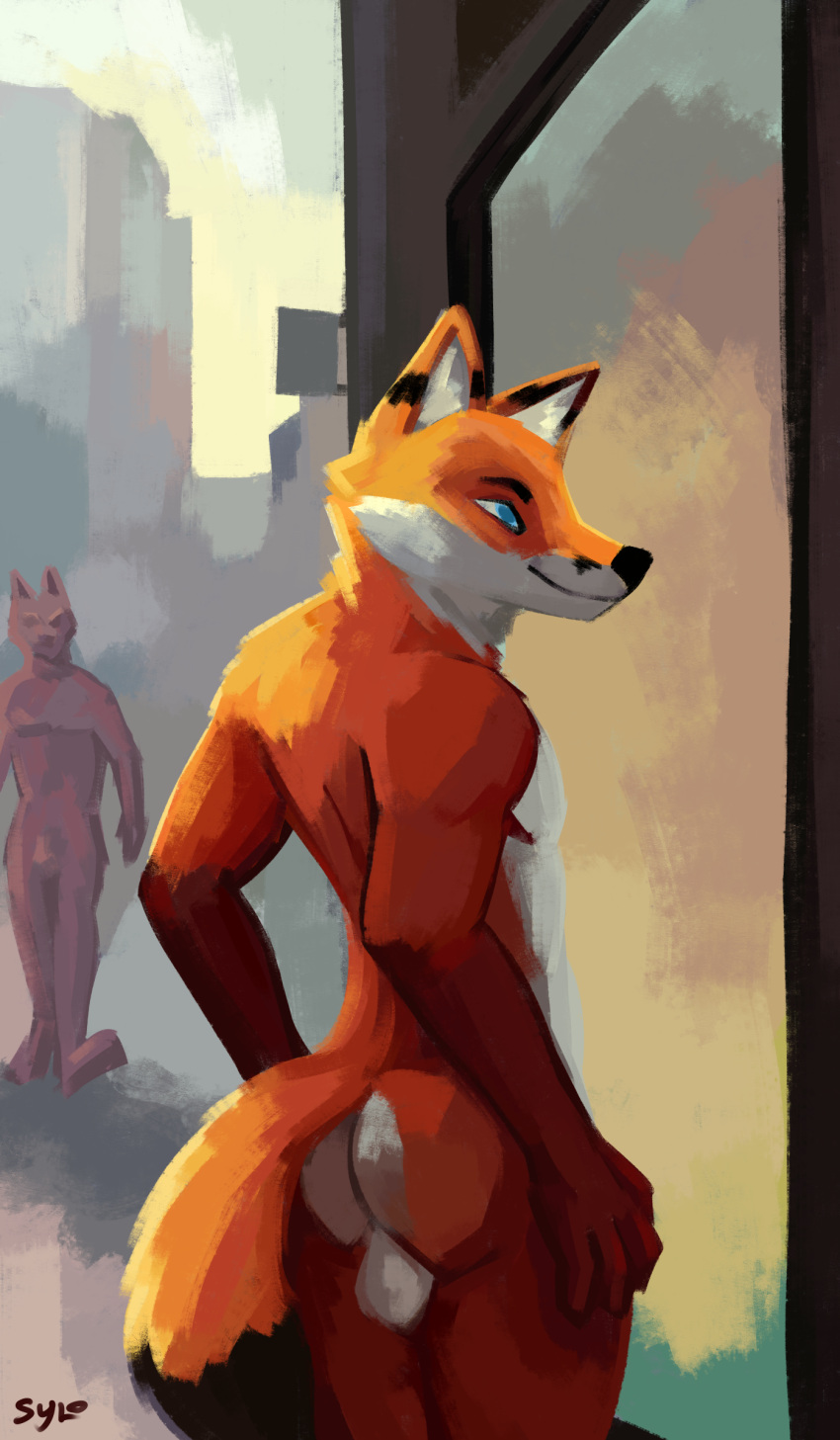 absurd_res anthro balls butt canid canine canis city city_background digital_media_(artwork) fox fur genitals hi_res male mammal nude orange_body orange_fur outside public public_nudity rear_view red_fox solo sylo