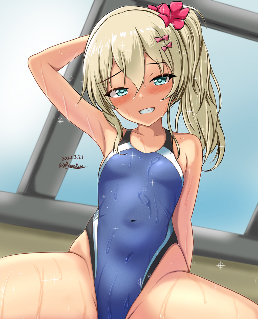 1girl blonde_hair blue_one-piece_swimsuit blush breasts competition_swimsuit covered_navel dated grecale_(kancolle) green_eyes grin highleg highleg_swimsuit highres indoors kantai_collection long_hair montemasa multicolored_clothes multicolored_swimsuit official_alternate_hairstyle one-hour_drawing_challenge one-piece_swimsuit rei_no_pool side_ponytail sitting small_breasts smile solo spread_legs swimsuit twitter_username wet wet_clothes wet_swimsuit window