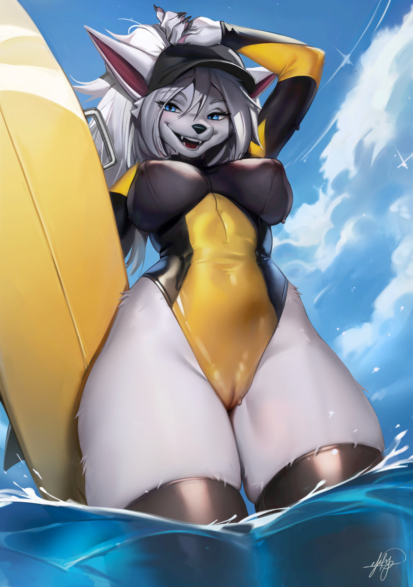 5_fingers absurd_res anthro blizzard_entertainment camel_toe canid clothing cloud female fingers fur hair hat headgear headwear hi_res legwear lexi_joyhart looking_at_viewer mammal nipple_outline one-piece_swimsuit partially_submerged sea seaside shermugi smile smiling_at_viewer solo standing standing_in_water surfboard surfsuit swimwear thigh_highs tight_clothing tight_fit warcraft water were werecanid white_body white_fur white_hair worgen